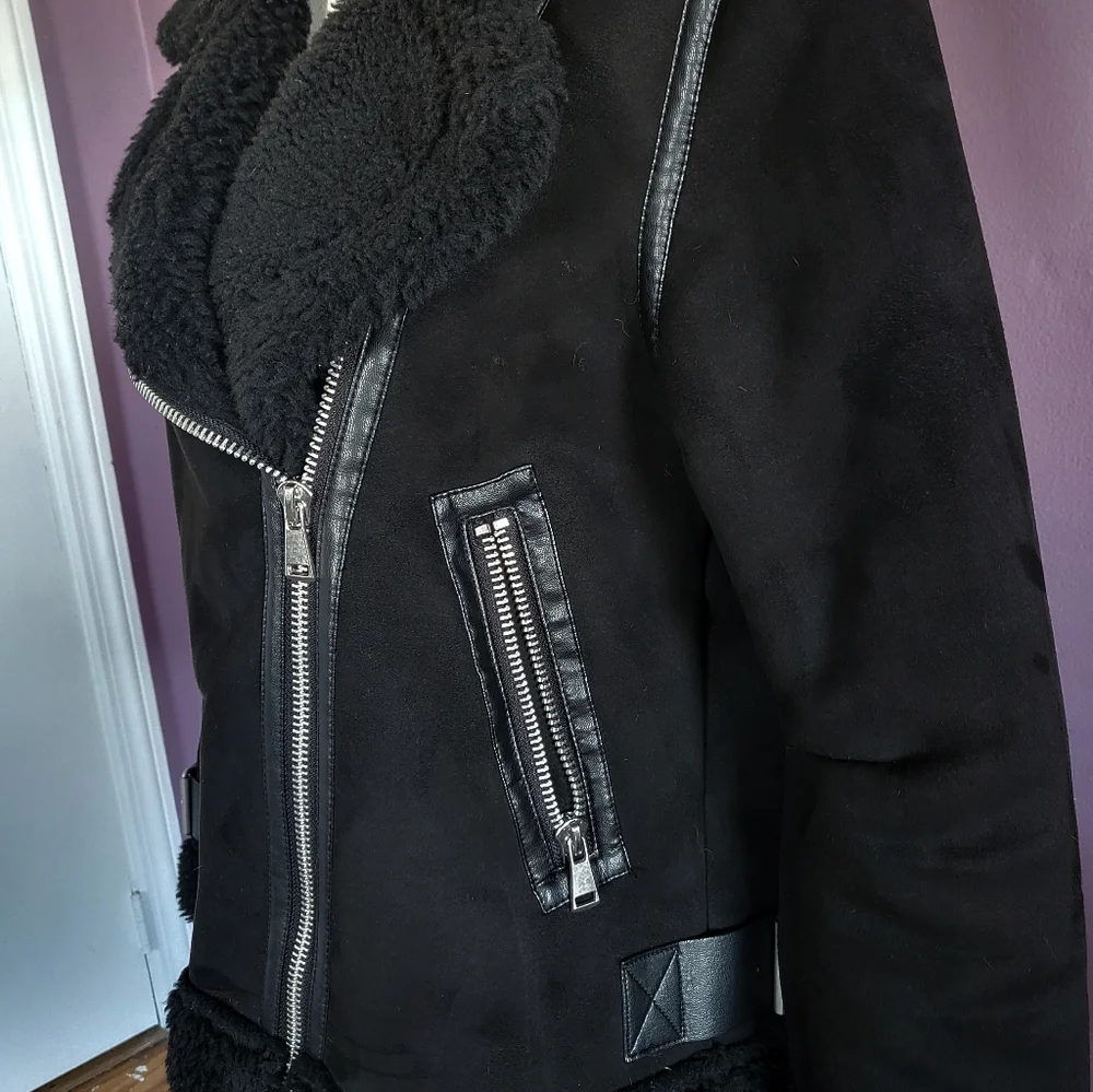 Zara Black Faux Suede Sherpa Lined Oversized Buckle Aviator Bomber Jacket Coat - Picture 4 of 14